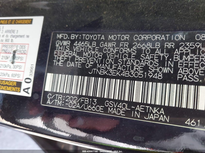 2011 TOYOTA CAMRY VIN: JTNBK3EK4B3051948