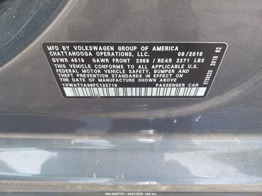 2015 Volkswagen Passat 1.8T Limited Edition VIN: 1VWAT7A38FC122719 Lot: 42087791