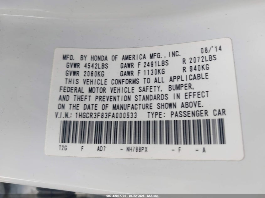 2015 HONDA ACCORD VIN: 1HGCR3F83FA000533