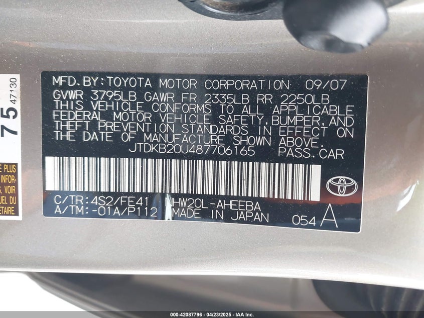 2008 TOYOTA PRIUS VIN: JTDKB20U487706165