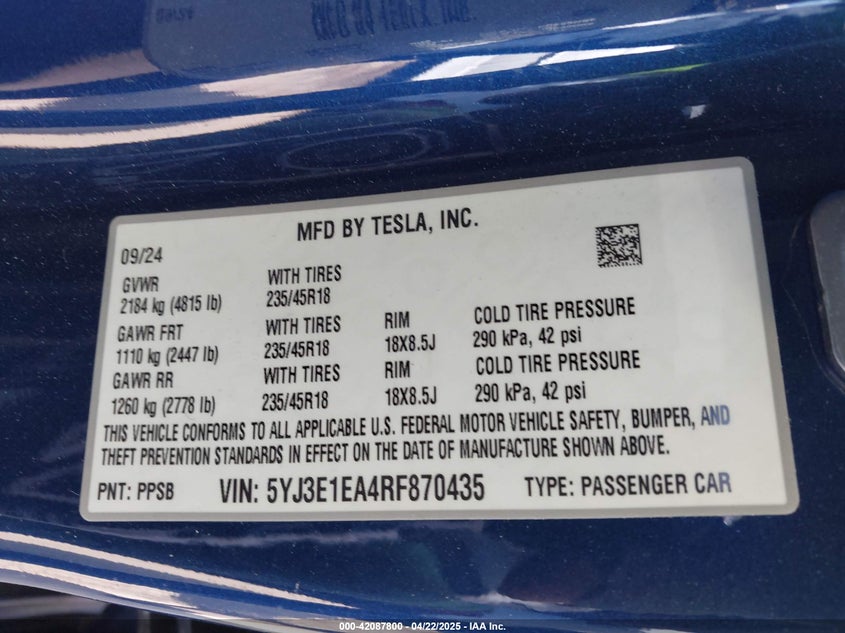 2024 TESLA MODEL 3 U  U UX(VIN: 5YJ3E1EA4RF870435