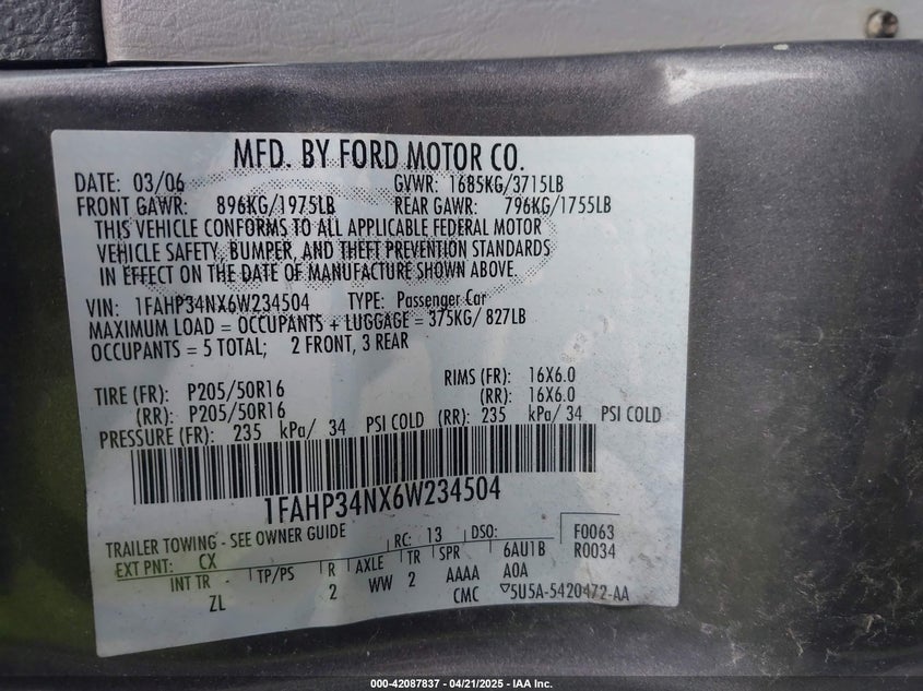 2006 FORD FOCUS VIN: 1FAHP34NX6W234504