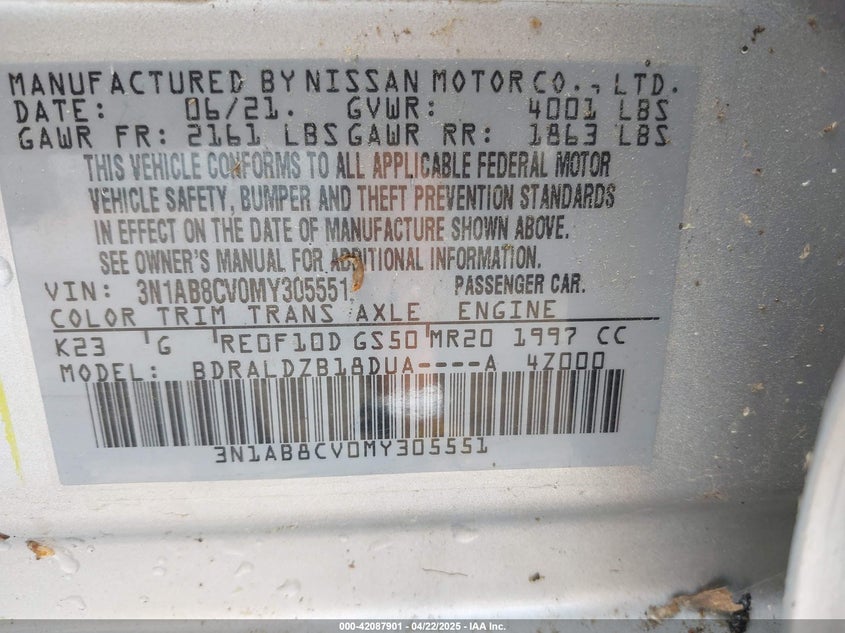 VIN 3N1AB8CV0MY305551 2021 NISSAN SENTRA SV XTRONIC CVT