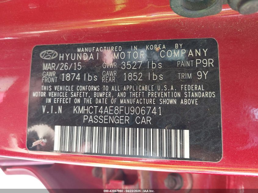 2015 Hyundai Accent Gls VIN: KMHCT4AE8FU906741 Lot: 42087960