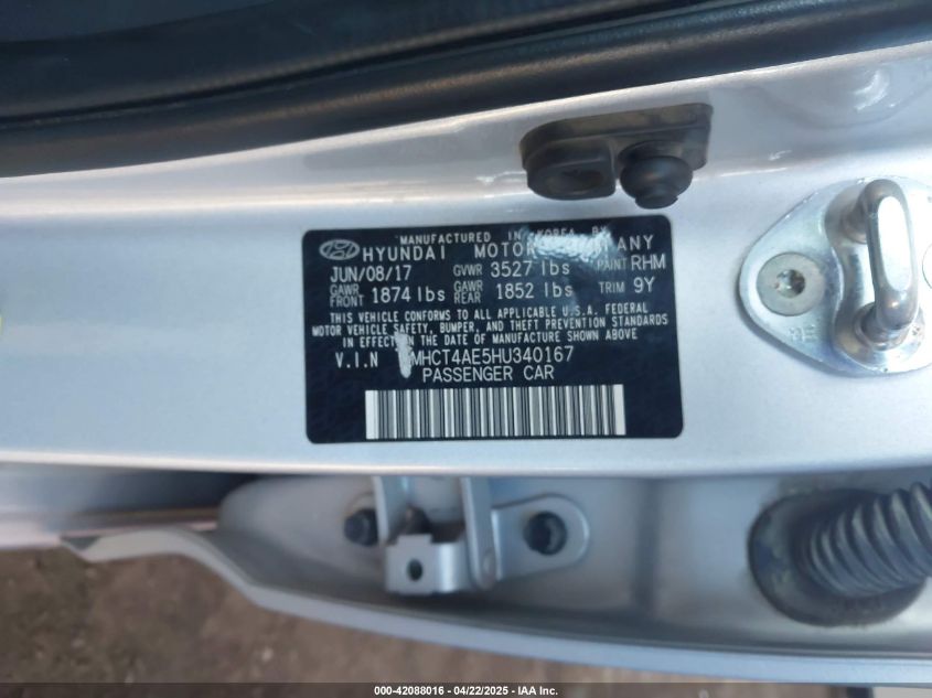 2017 Hyundai Accent Se VIN: KMHCT4AE5HU340167 Lot: 42088016
