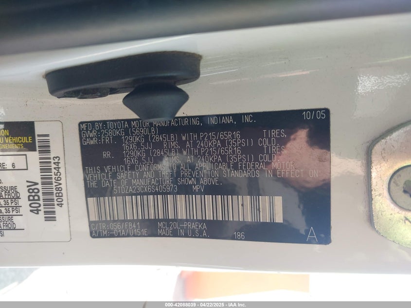 2006 TOYOTA SIENNA VIN: 5TDZA23CX6S405973