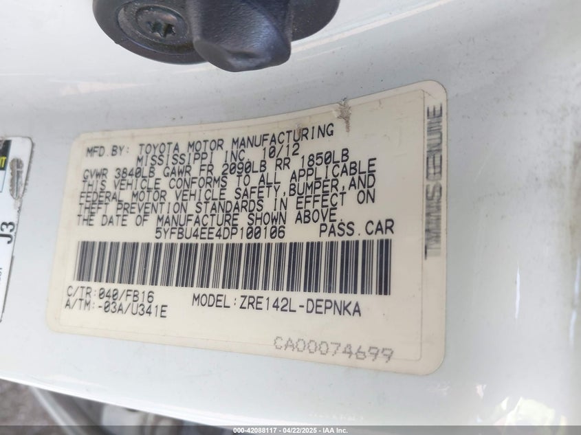 2013 TOYOTA COROLLA VIN: 5YFBU4EE4DP100106