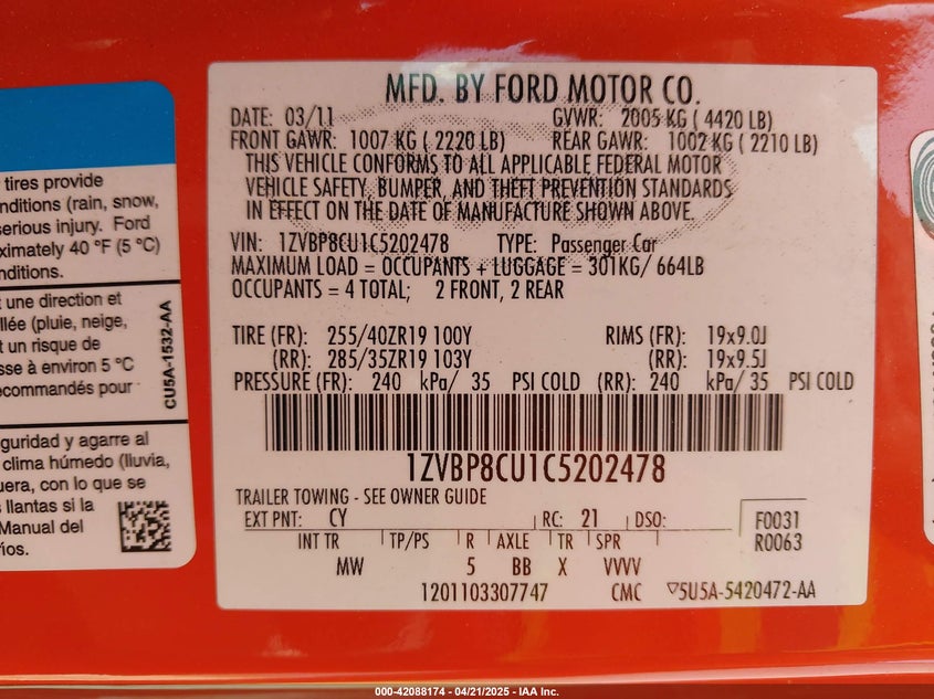 2012 FORD MUSTANG VIN: 1ZVBP8CU1C5202478