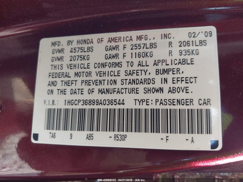 2009 HONDA ACCORD VIN: 1HGCP36899A036544