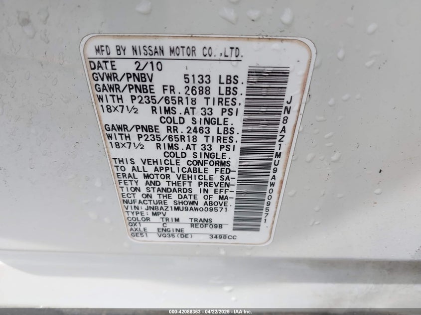 2010 NISSAN MURANO VIN: JN8AZ1MU9AW009571