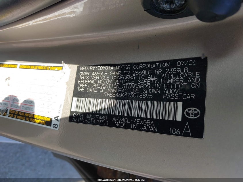 2007 TOYOTA CAMRY HYBRID VIN: JTNBB46K473018895
