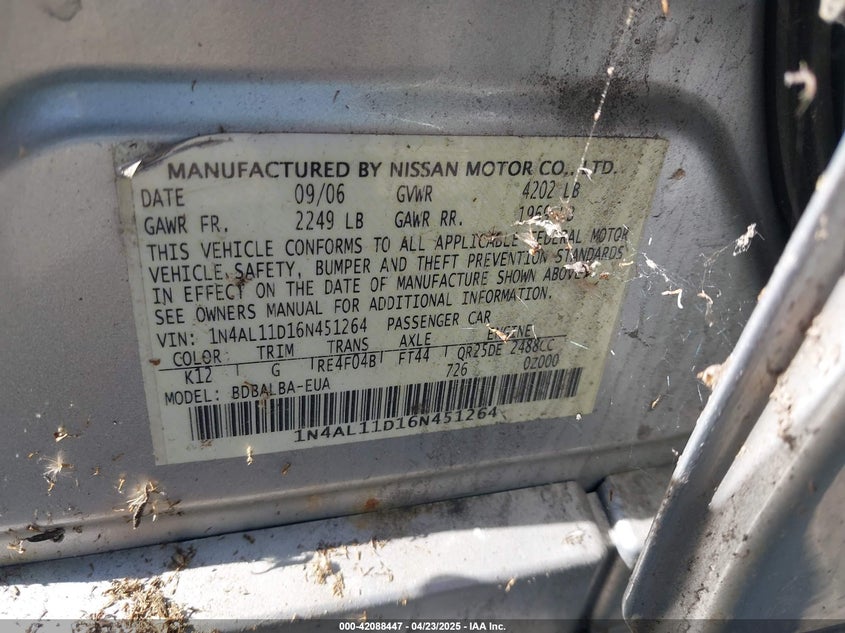 2006 NISSAN ALTIMA VIN: 1N4AL11D16N451264