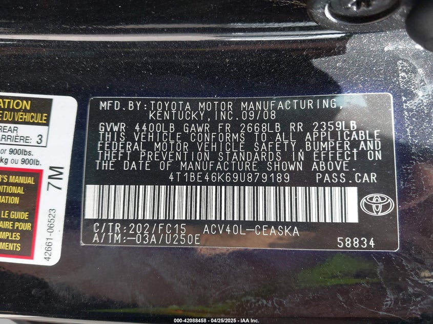 2009 TOYOTA CAMRY VIN: 4T1BE46K69U879189
