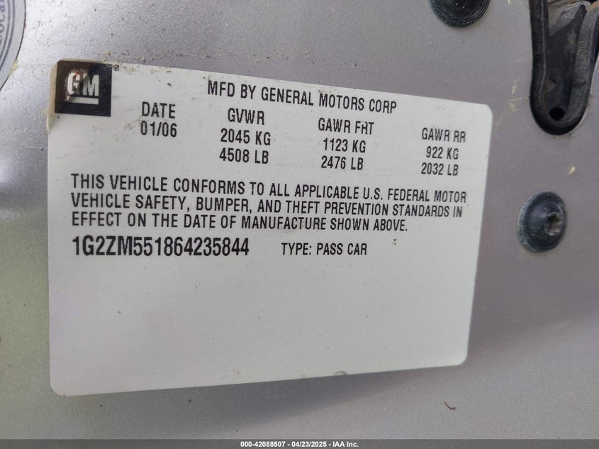 2006 PONTIAC G6 VIN: 1G2ZM551864235844