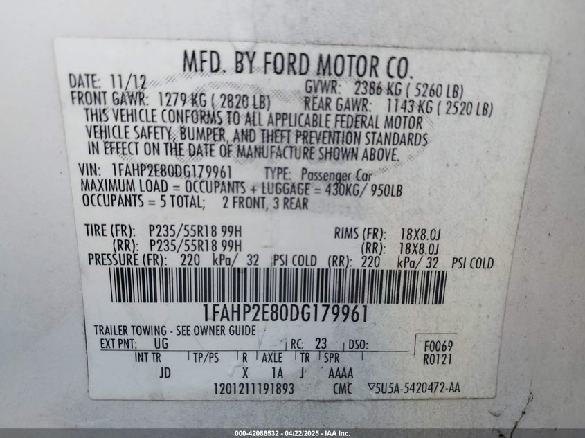 2013 FORD TAURUS VIN: 1FAHP2E80DG179961