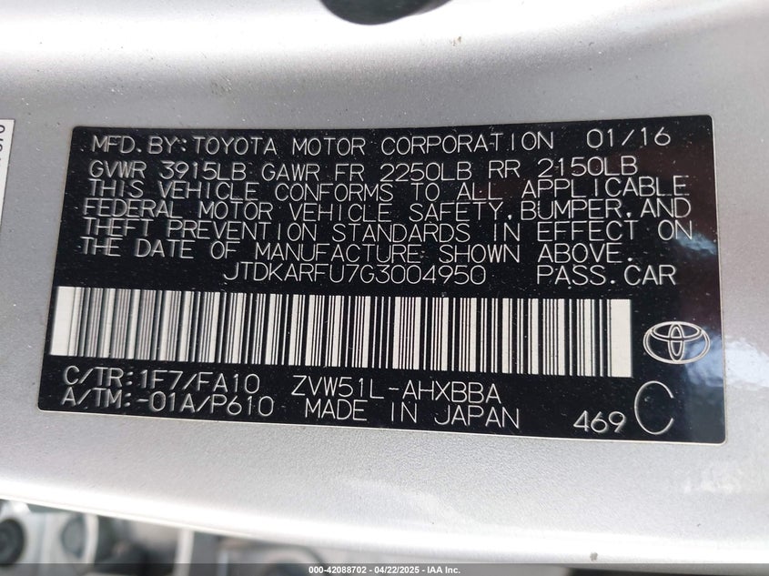 2016 TOYOTA PRIUS VIN: JTDKARFU7G3004950