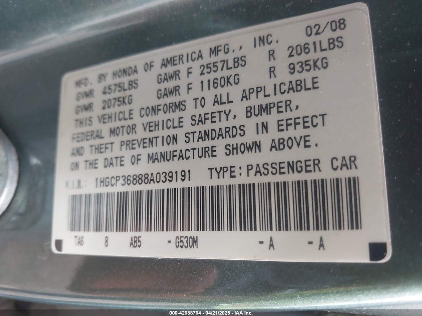 2008 HONDA ACCORD VIN: 1HGCP36888A039191
