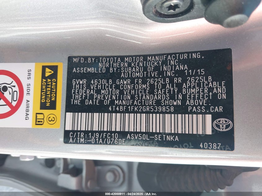 2016 TOYOTA CAMRY VIN: 4T4BF1FK2GR539858