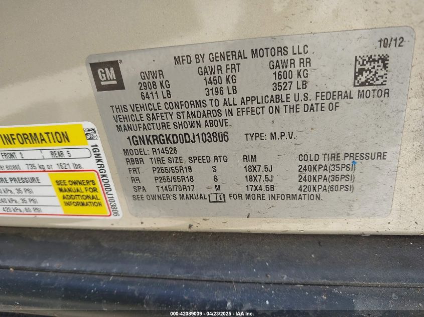 2013 Chevrolet Traverse 1Lt VIN: 1GNKRGKD0DJ103806 Lot: 42089039