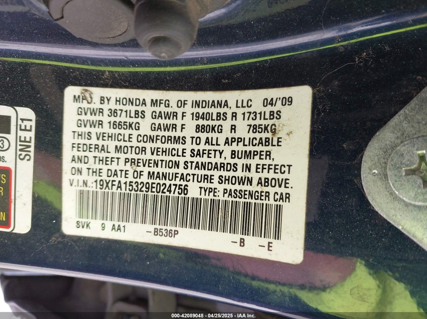 2009 HONDA CIVIC VIN: 19XFA15329E024756