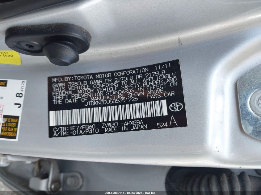 2011 Toyota Prius Three VIN: JTDKN3DU5B5351226 Lot: 42089115