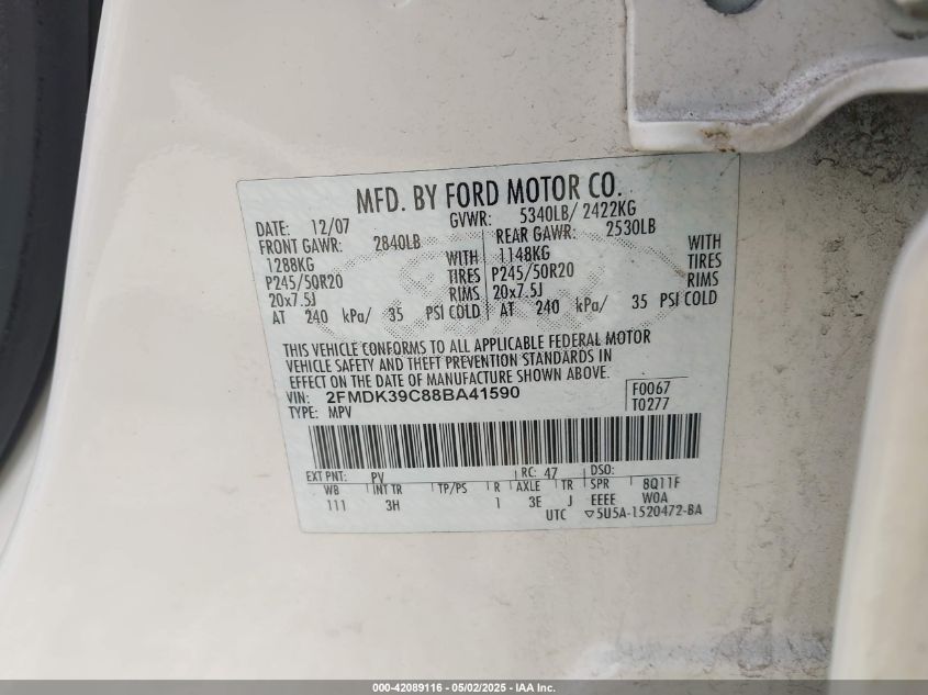 2008 Ford Edge Limited VIN: 2FMDK39C88BA41590 Lot: 42089116