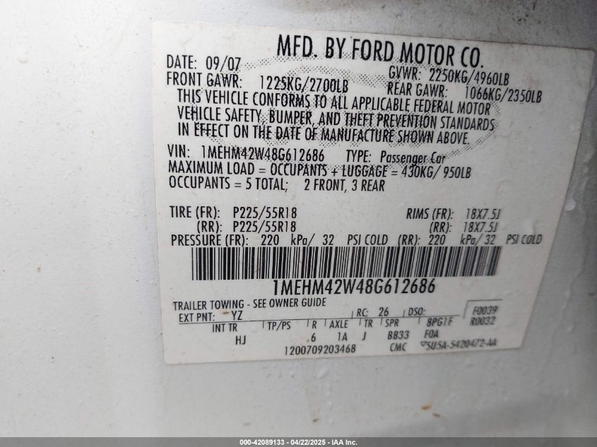 2008 Mercury Sable Premier VIN: 1MEHM42W48G612686 Lot: 42089133