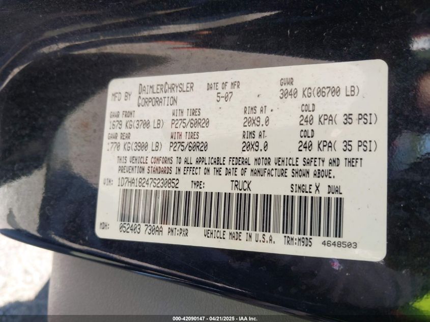 2007 Dodge Ram 1500 Slt VIN: 1D7HA18247S230852 Lot: 42090147