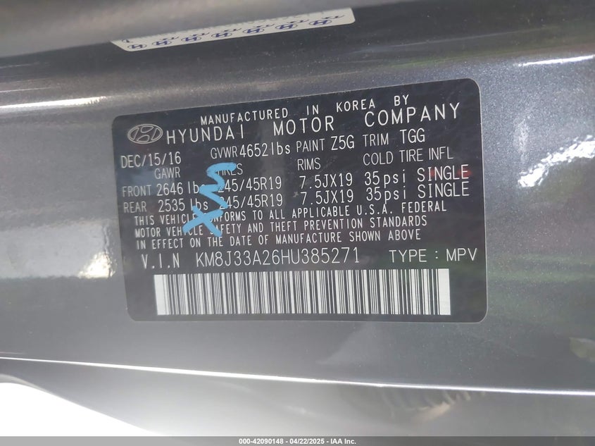 2017 HYUNDAI TUCSON VIN: KM8J33A26HU385271