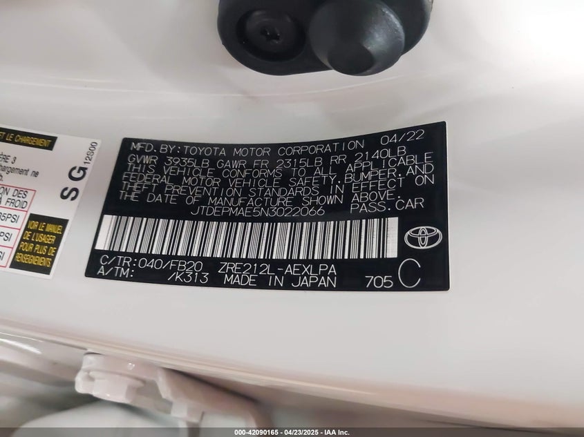 2022 TOYOTA COROLLA VIN: JTDEPMAE5N3022066