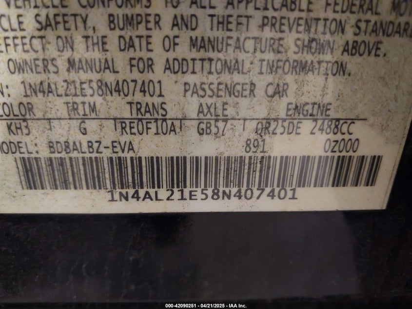 2008 NISSAN ALTIMA VIN: 1N4AL21E58N407401
