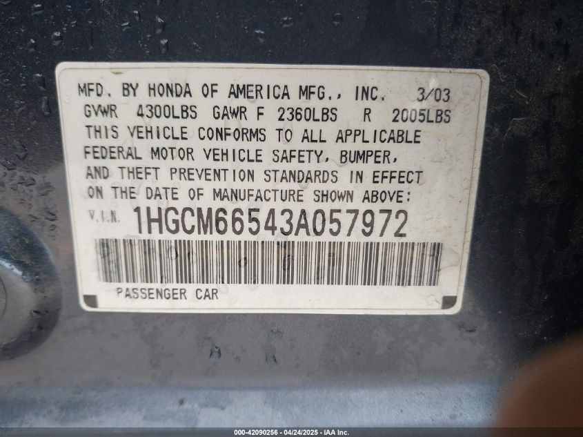 2003 Honda Accord 3.0 Ex VIN: 1HGCM66543A057972 Lot: 42090256