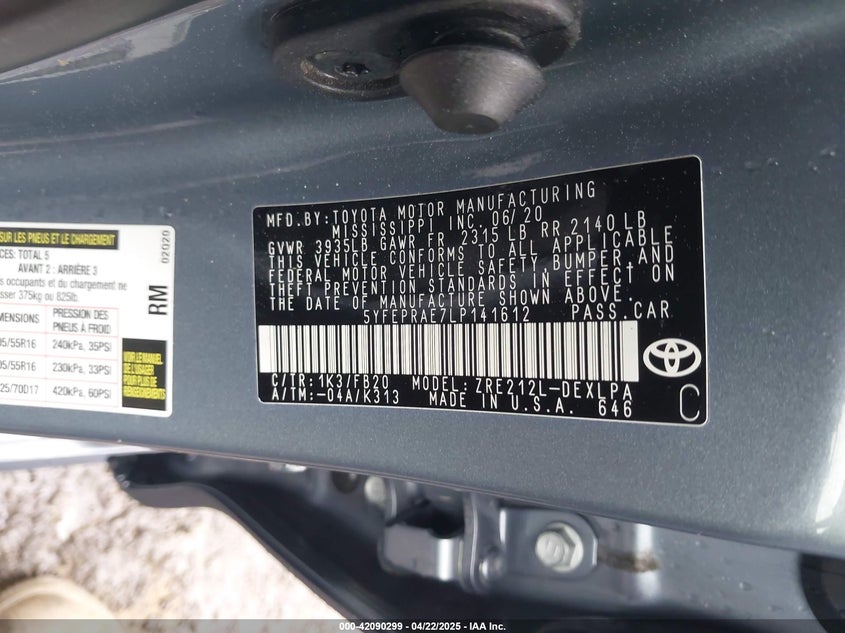 2020 TOYOTA COROLLA VIN: 5YFEPRAE7LP141612