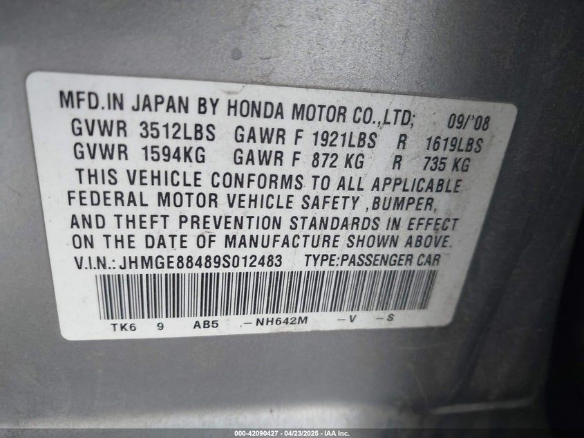2009 HONDA FIT VIN: JHMGE88489S012483