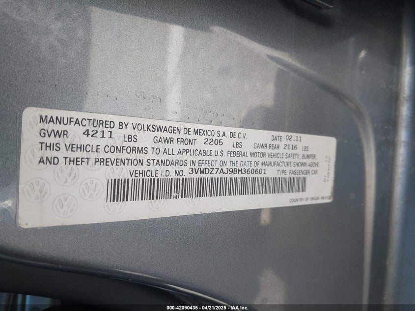 2011 VOLKSWAGEN JETTA VIN: 3VWDZ7AJ9BM360601