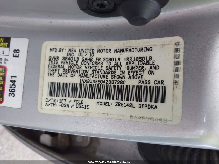 2010 Toyota Corolla Le VIN: 1NXBU4EE0AZ337380 Lot: 42090445