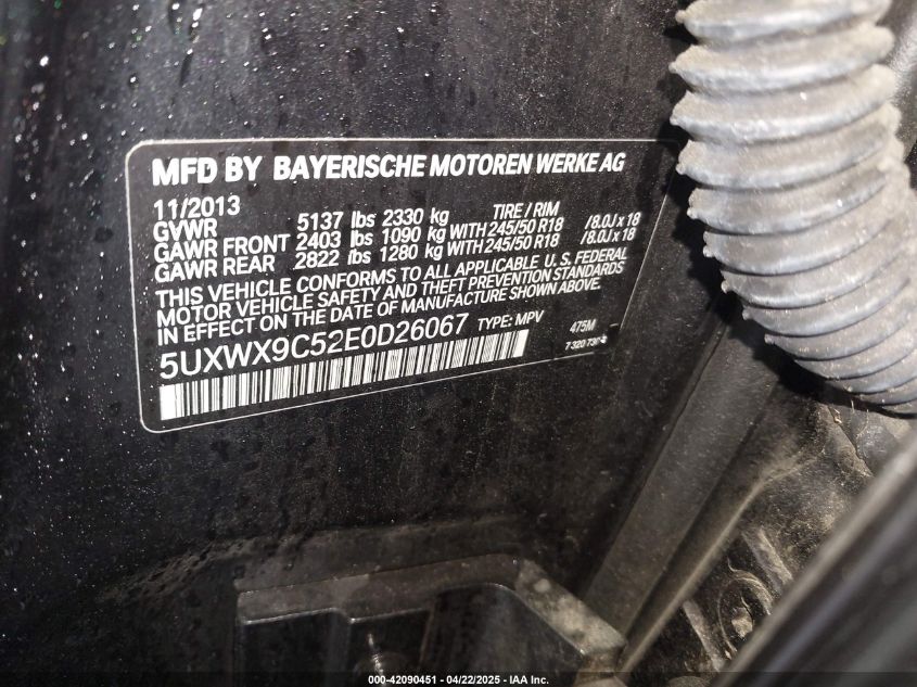 2014 BMW X3 xDrive28I VIN: 5UXWX9C52E0D26067 Lot: 42090451