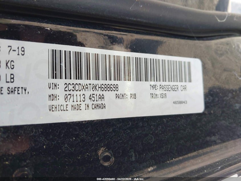2019 DODGE CHARGER VIN: 2C3CDXAT0KH688698