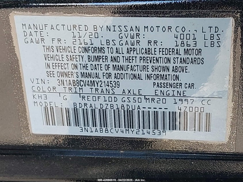2021 NISSAN SENTRA VIN: 3N1AB8CV4MY214539