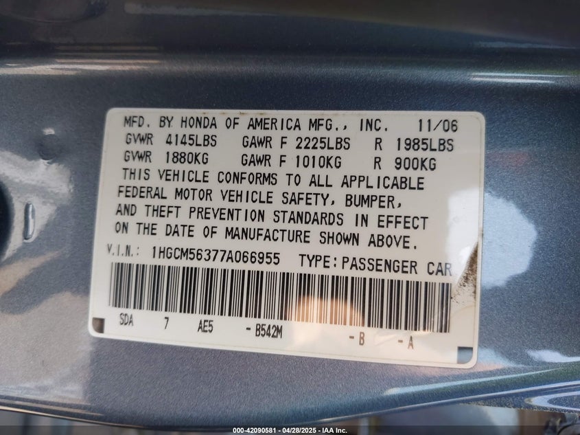2007 HONDA ACCORD VIN: 1HGCM56377A066955