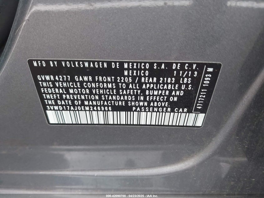 2014 Volkswagen Jetta 1.8T Se VIN: 3VWD17AJ0EM246966 Lot: 42090700