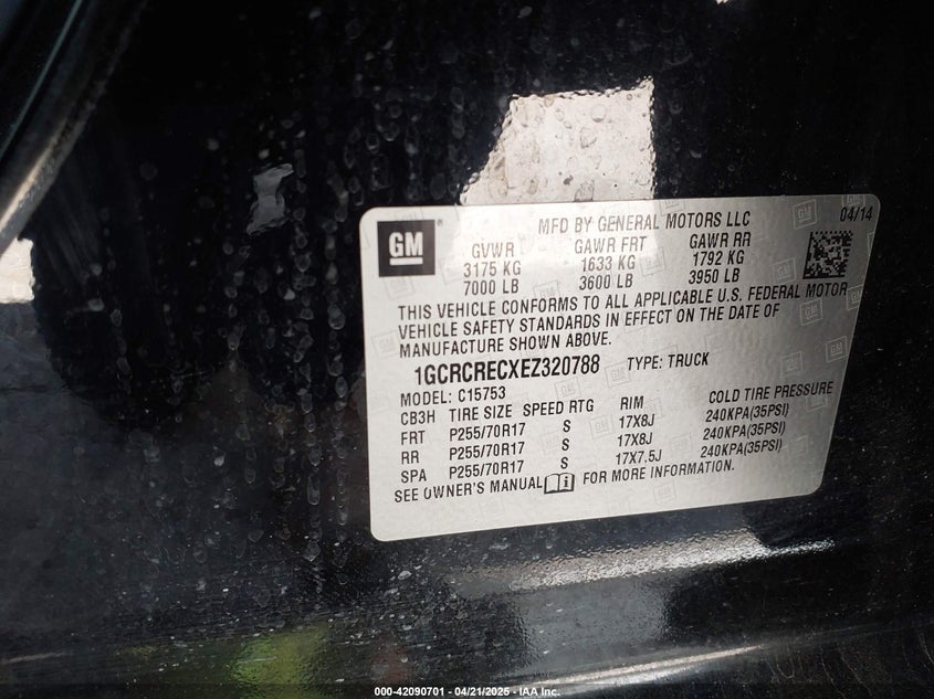 2014 CHEVROLET SILVERADO 1500 VIN: 1GCRCRECXEZ320788