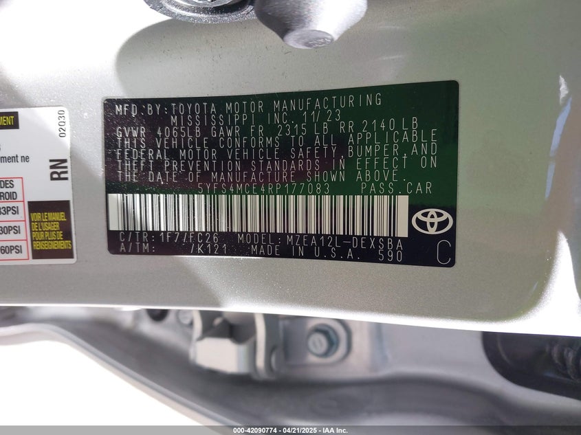 2024 TOYOTA COROLLA VIN: 5YFS4MCE4RP177083