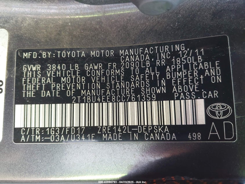 2012 TOYOTA COROLLA VIN: 2T1BU4EE8CC761359