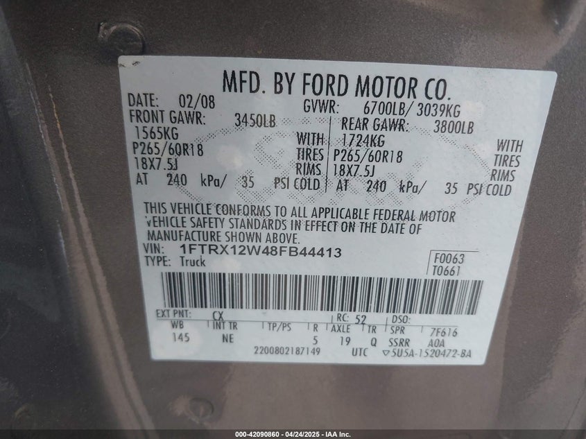 2008 FORD F-150 VIN: 1FTRX12W48FB44413