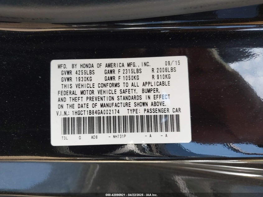 2016 HONDA ACCORD VIN: 1HGCT1B84GA002174