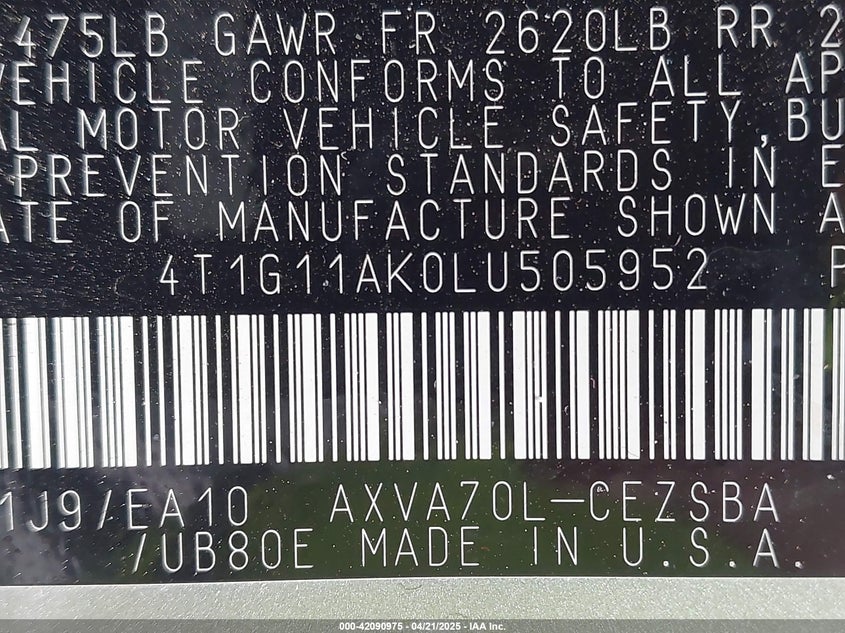 2020 TOYOTA CAMRY VIN: 4T1G11AK0LU505952