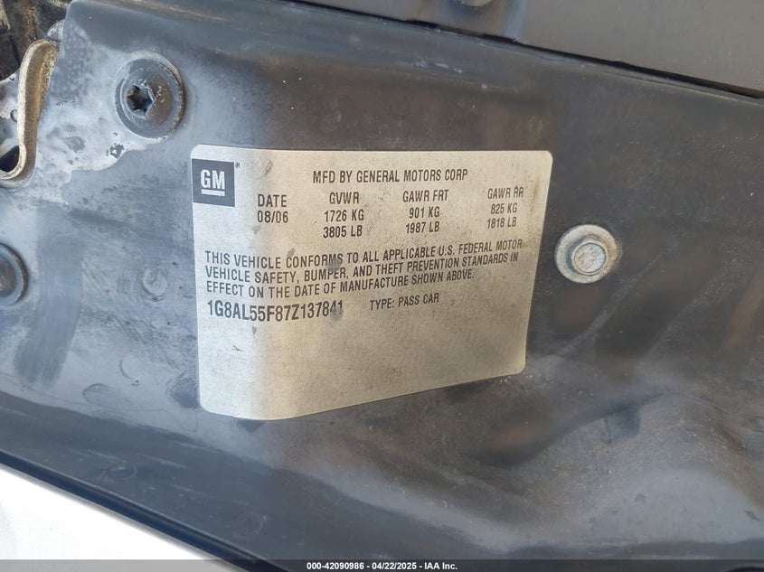 2007 SATURN ION VIN: 1G8AL55F87Z137841