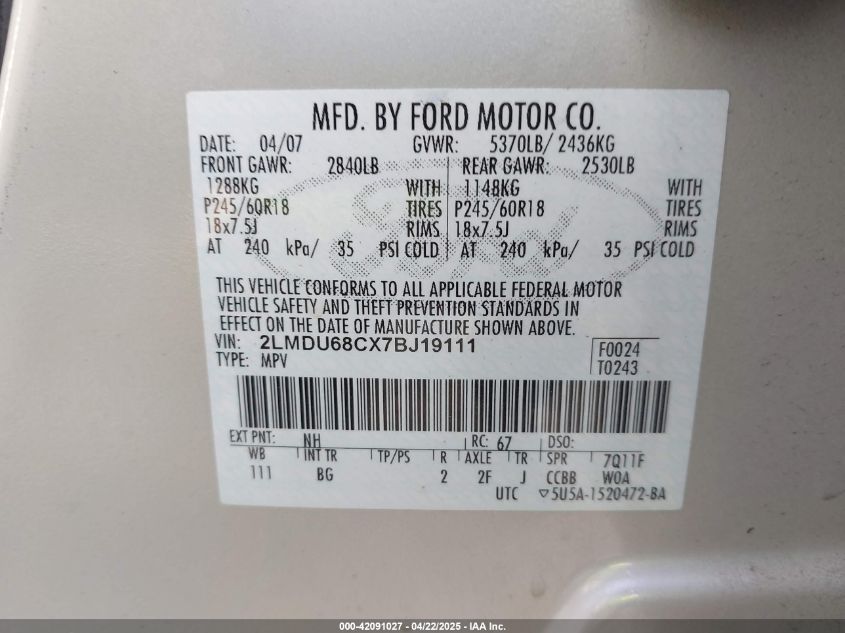 2007 Lincoln Mkx VIN: 2LMDU68CX7BJ19111 Lot: 42091027