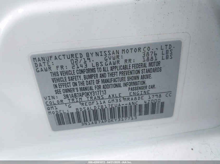 2019 NISSAN SENTRA SV - 3N1AB7AP0KY317713